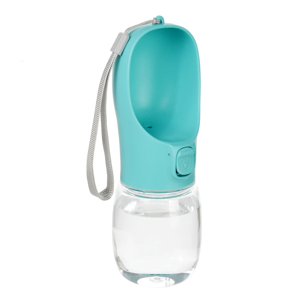 Teal portable pet water bottle with carry rope strap, shown from the side