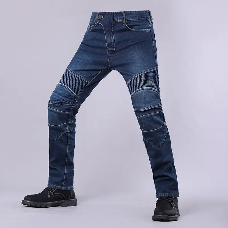 Blue motorcycle riding jeans with knee and thigh protective armor panels