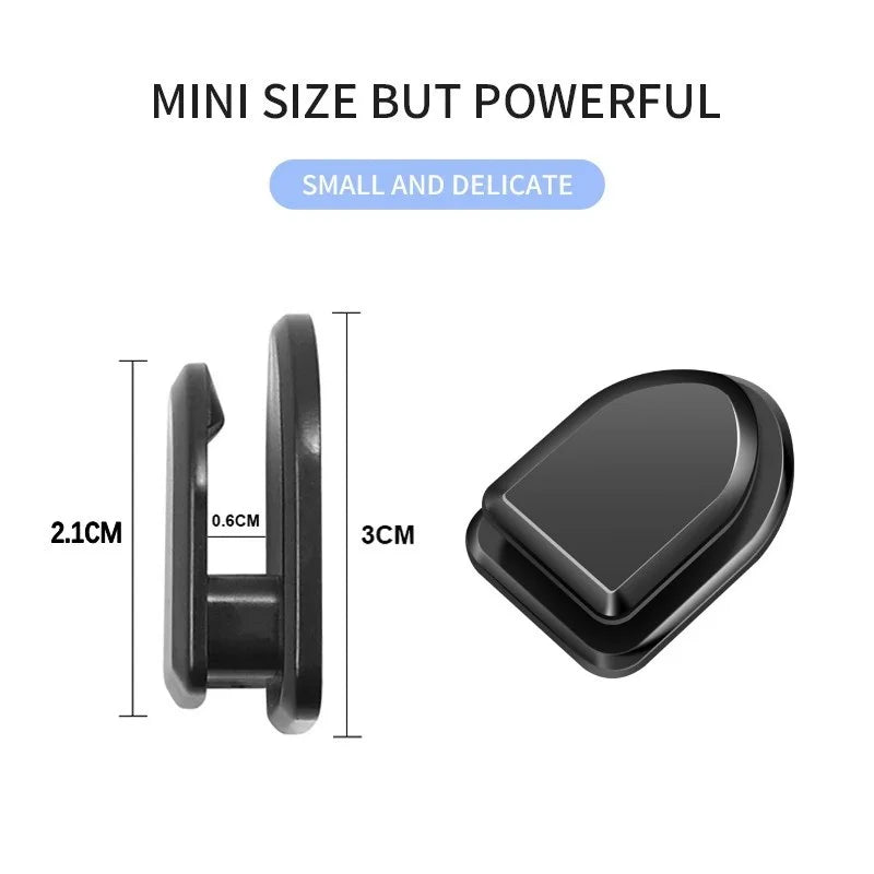 Black mini adhesive hook holder with size measurements, front and side view