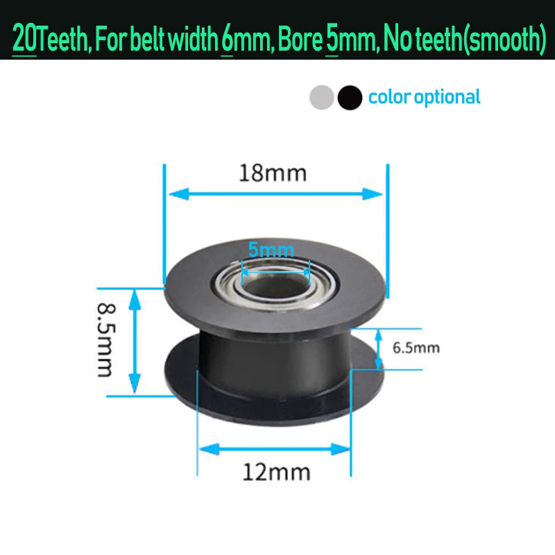 GT2 idler timing pulley, smooth wheel, 5mm bore, black bearing, 18mm