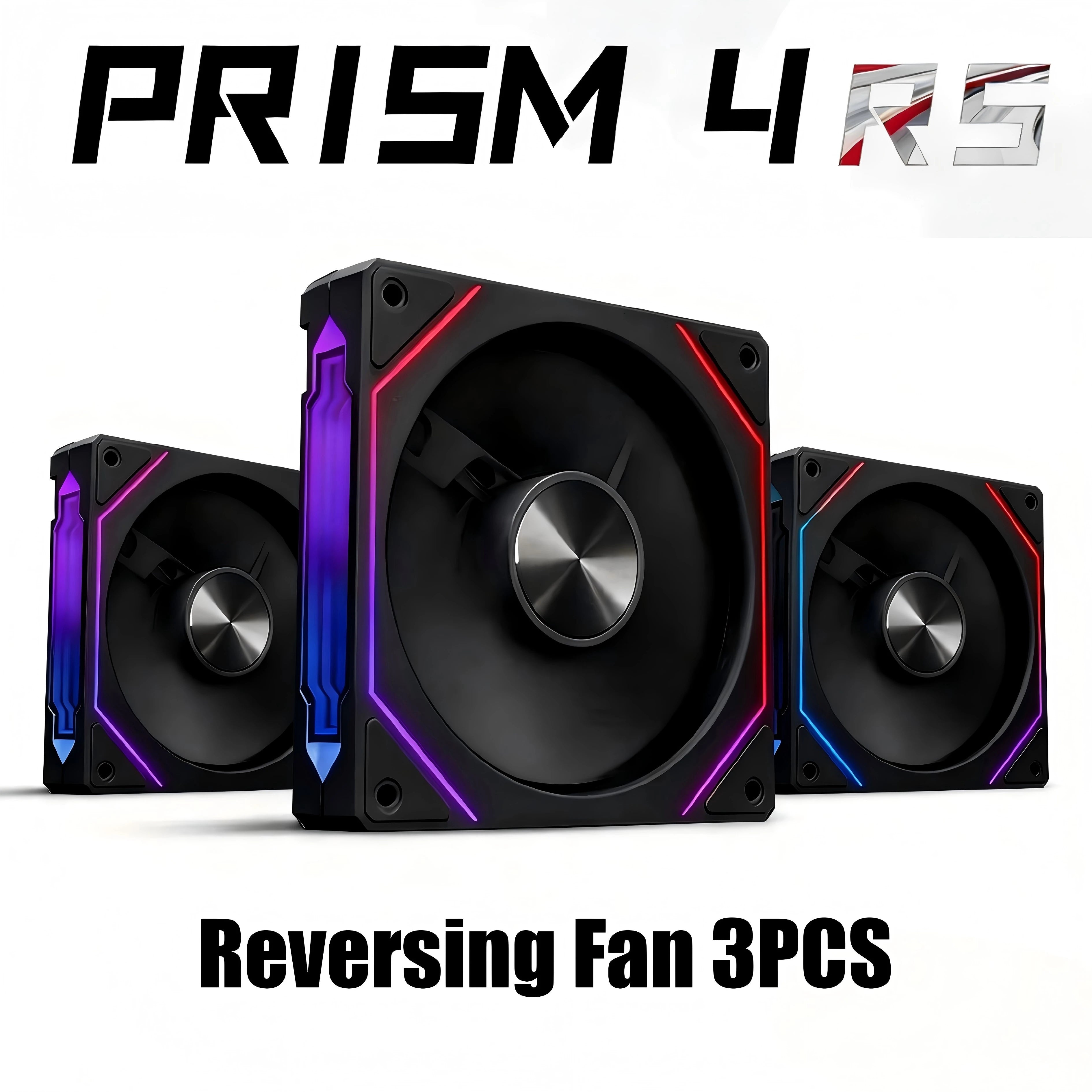 ARGB computer case fan set with black housing and red/purple LED light effects, three-pack