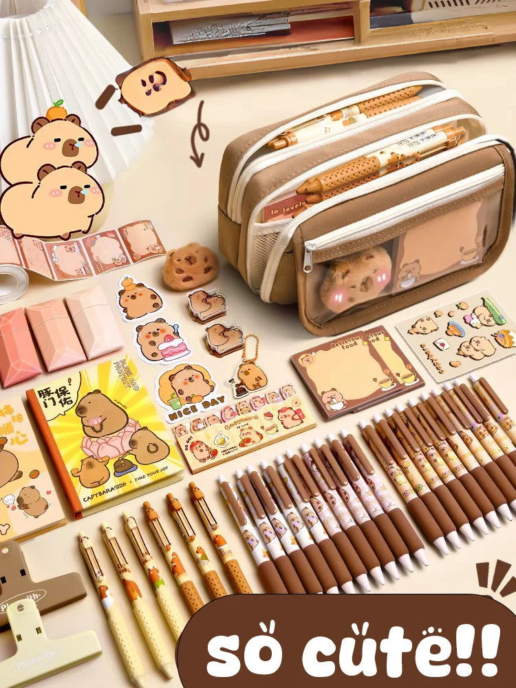 Capybara pencil case with zipper and pen rolls, beige and brown, animal charm tags
