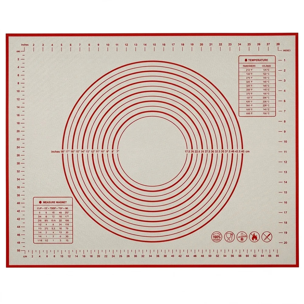 Silicone baking mat with concentric ring pattern, rulers on sides, and temperature guide box