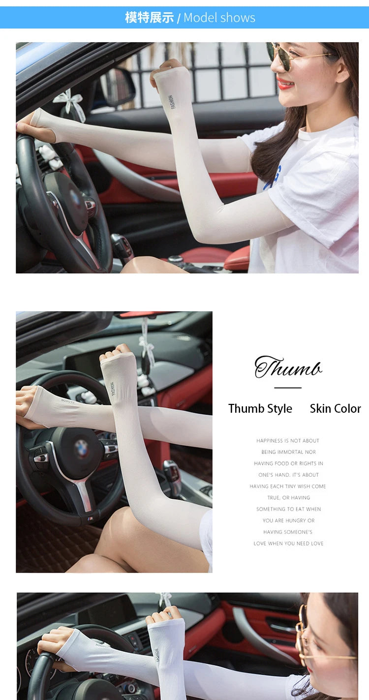 White UV arm covers with thumb opening, worn on arms while driving