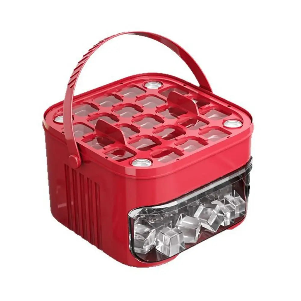 Red ice cube maker with press lid and transparent front ice tray