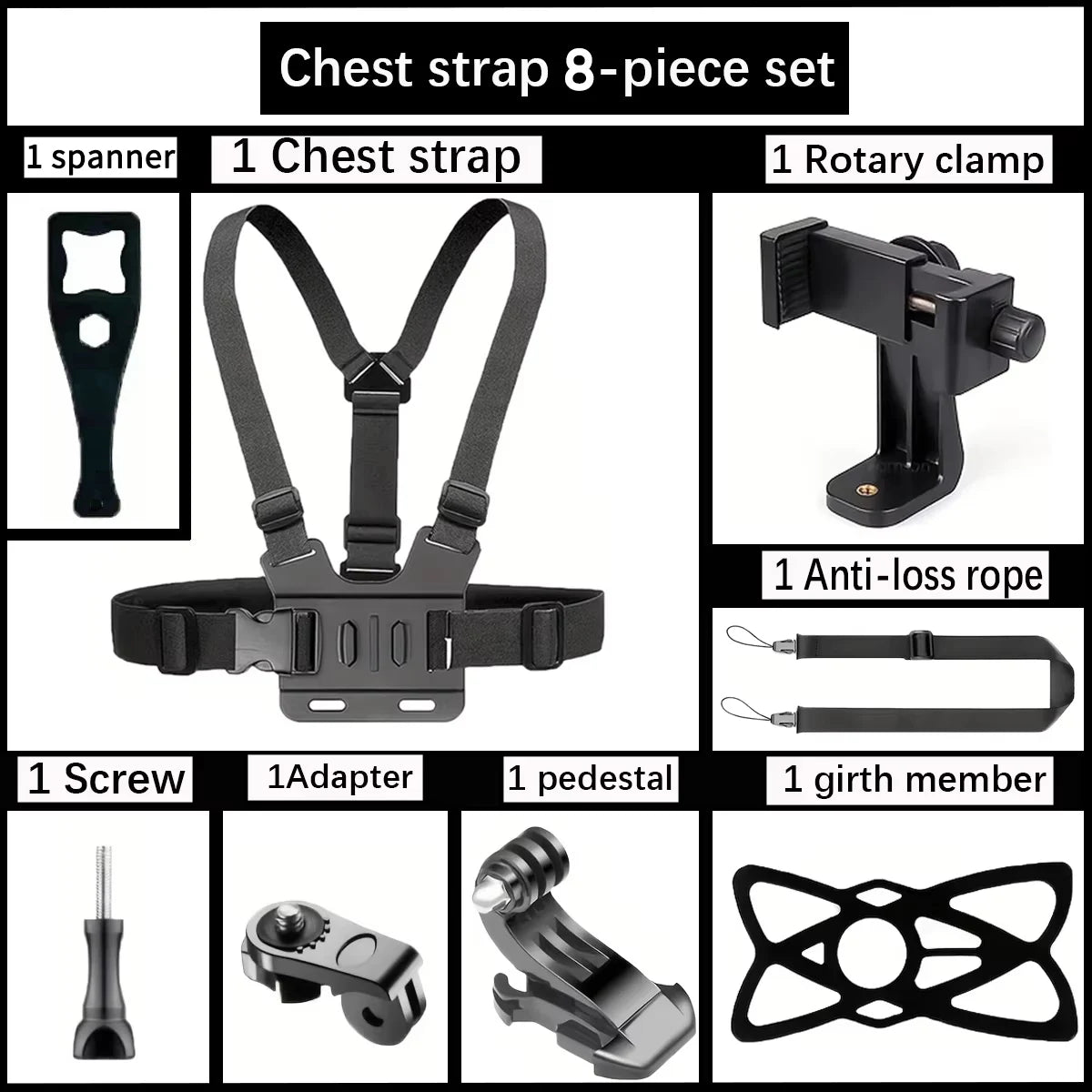 Chest strap 8-piece set with gray harness, camera mounts, rotary clamp, and accessories