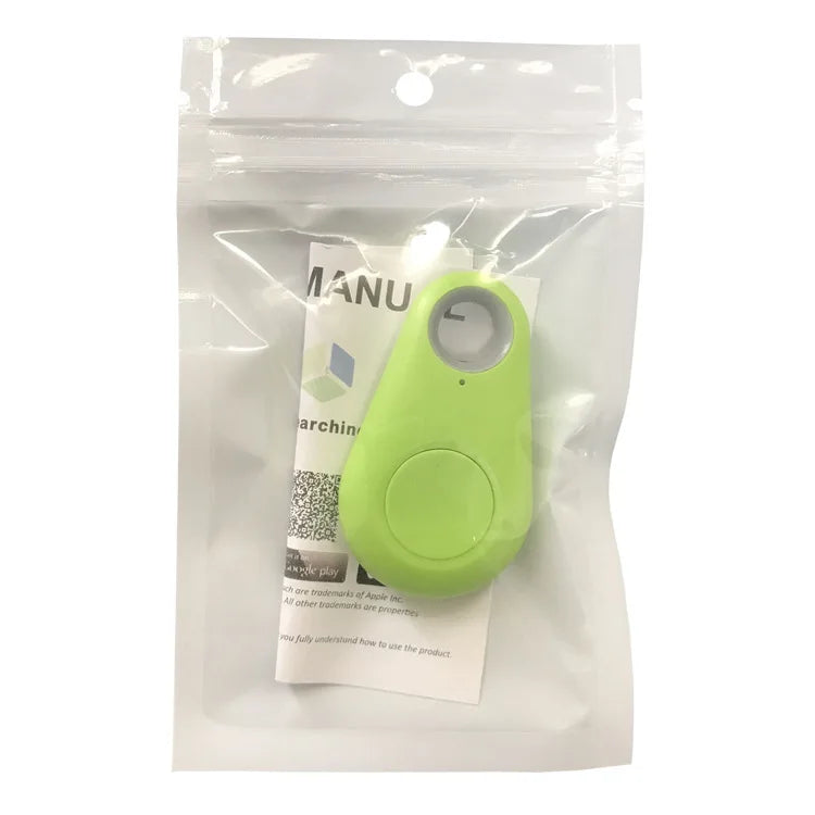 Lime green Bluetooth anti-lost tracker key fob in clear plastic pouch