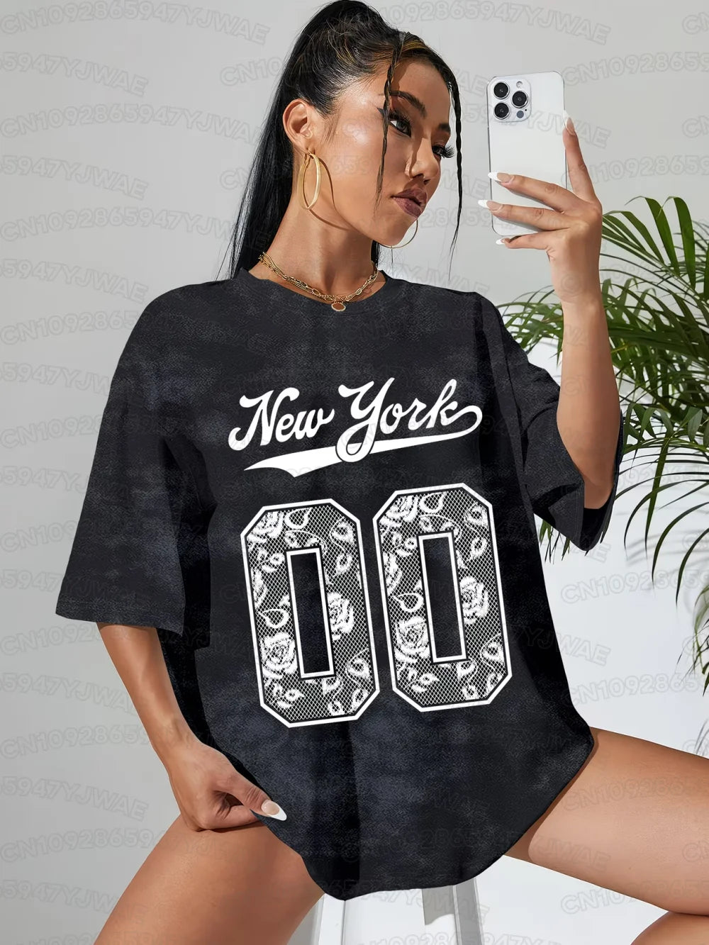 Women's v-neck short-sleeve T-shirt, black tie-dye with New York 10 graphic