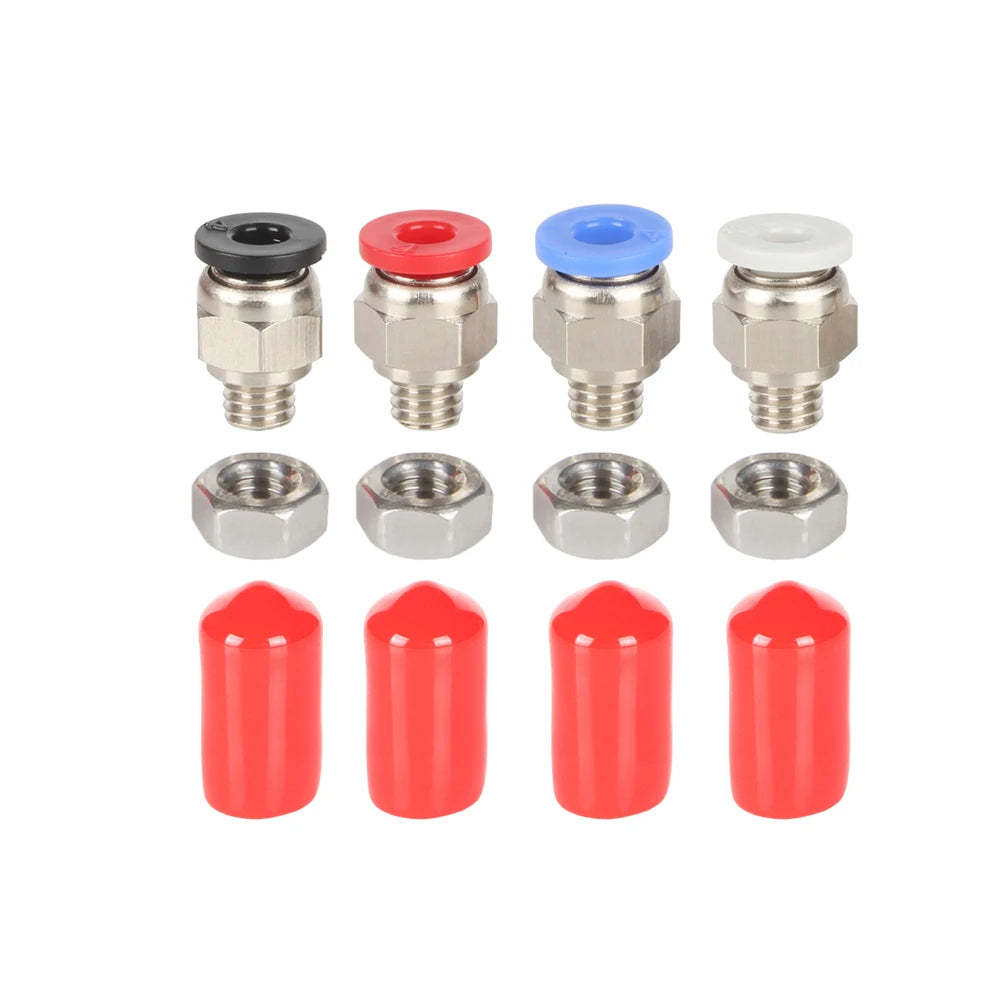 Brass pneumatic fittings with hex nuts and colored cap tops paired with red tube pieces