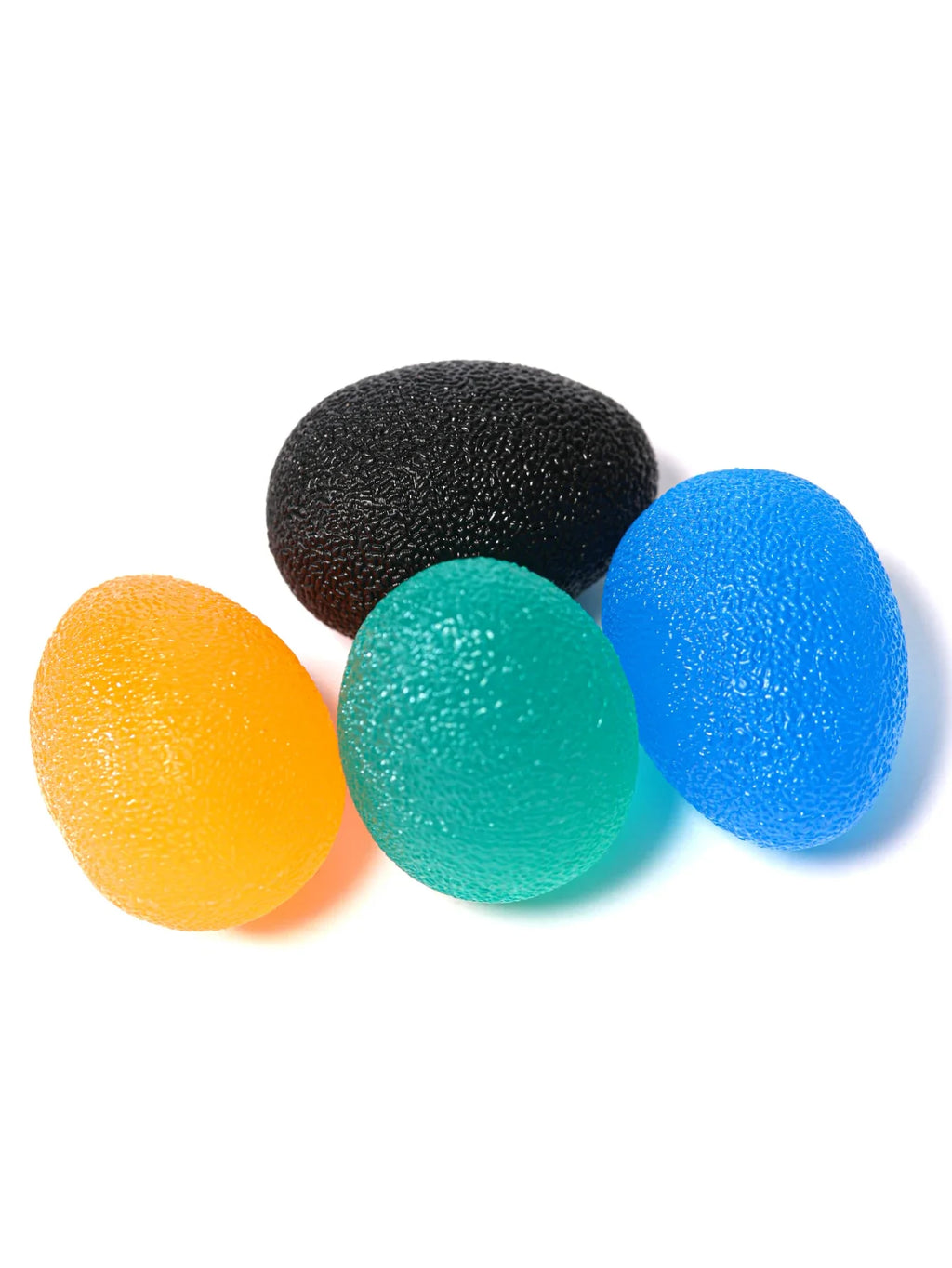 Five? egg grip balls shown: orange, teal green, blue, and black textured balls.