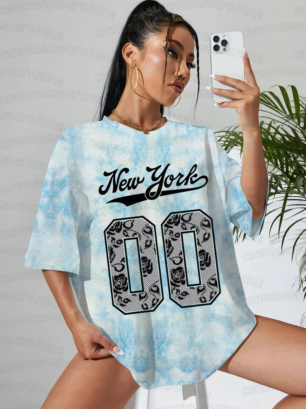 Women's v-neck short-sleeve T-shirt, light blue tie-dye with New York 10 graphic