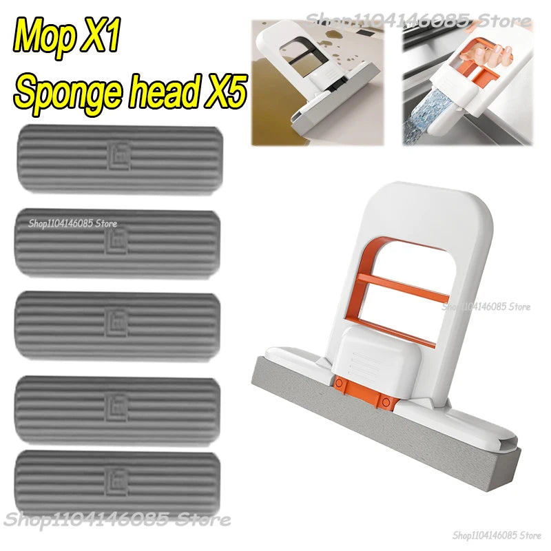 Foldable mini sponge mop with four gray replacement heads and orange frame