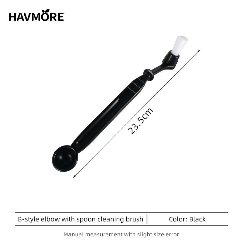 Black elbow coffee cleaning brush with spoon end and white bristles, 23.5 cm