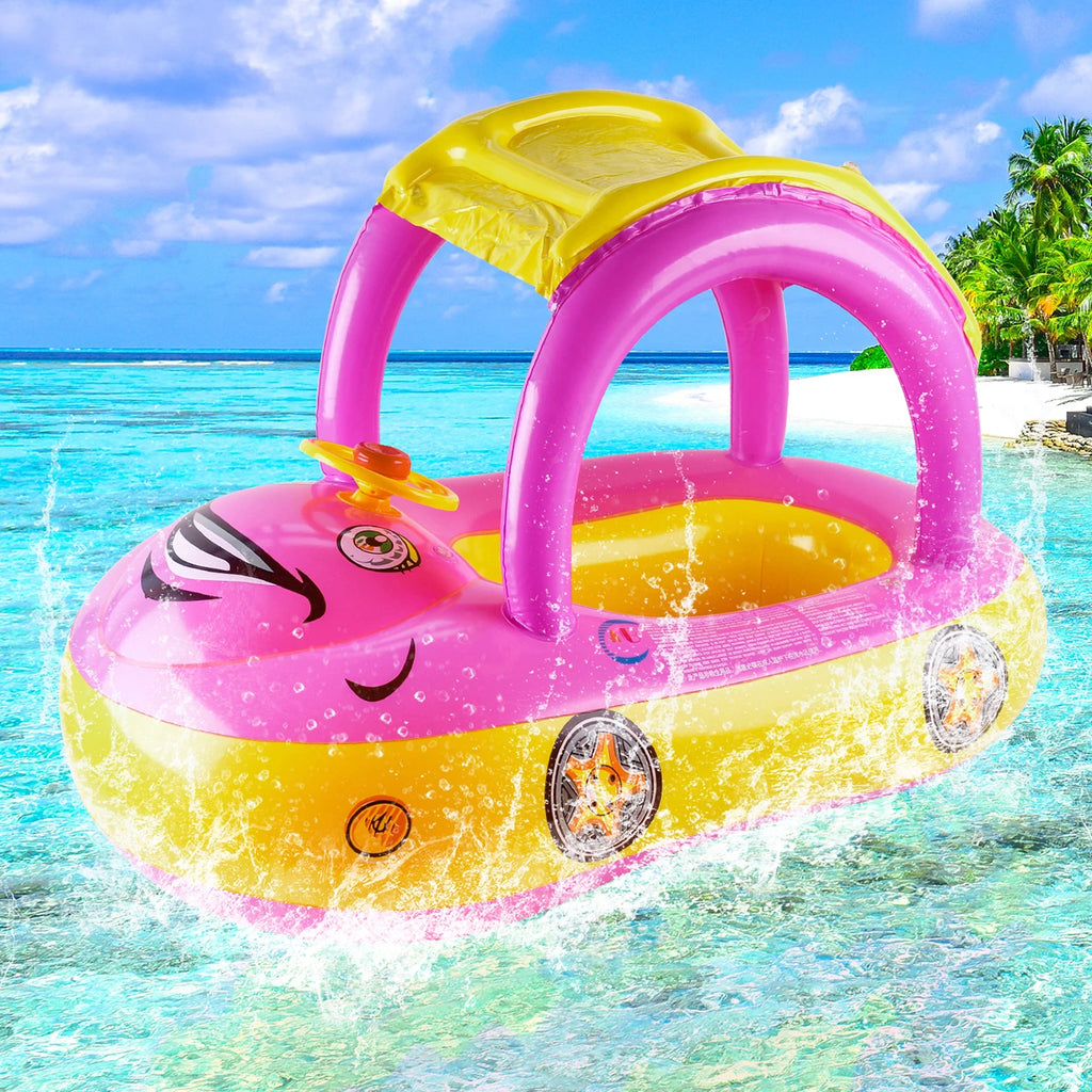 Pink and multicolor inflatable car-shaped pool float with canopy and steering ring