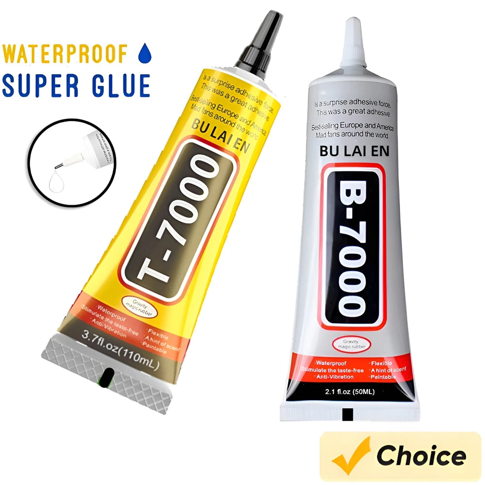 Dual adhesive tubes with precision applicators, B-7000 clear and T-7000 black