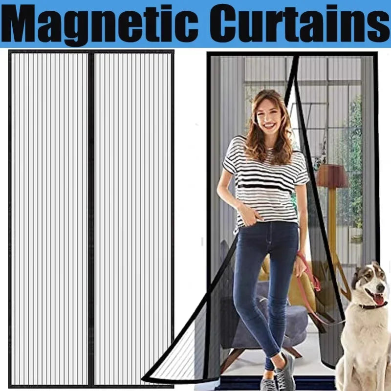 Black mesh door curtain with hanging panel for easy passage and mosquito blocking