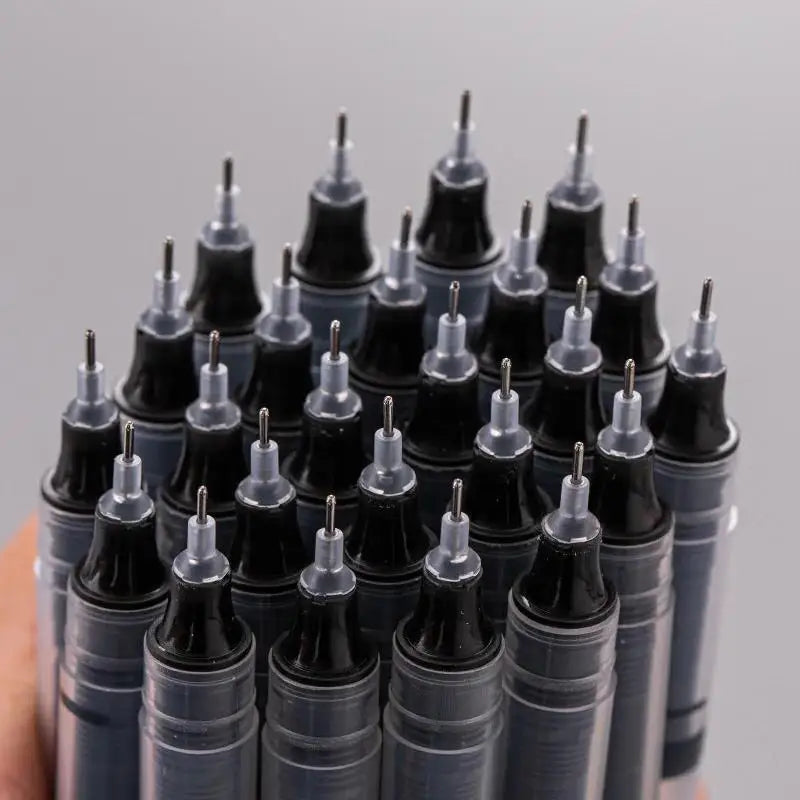 Close-up of black needle-tip gel pens with silver nibs and clear barrels, set of 10.