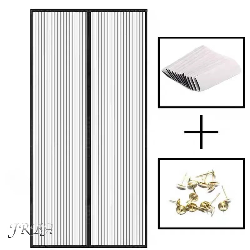 Black double-panel mesh door curtain with included fastening nails and mesh sheets