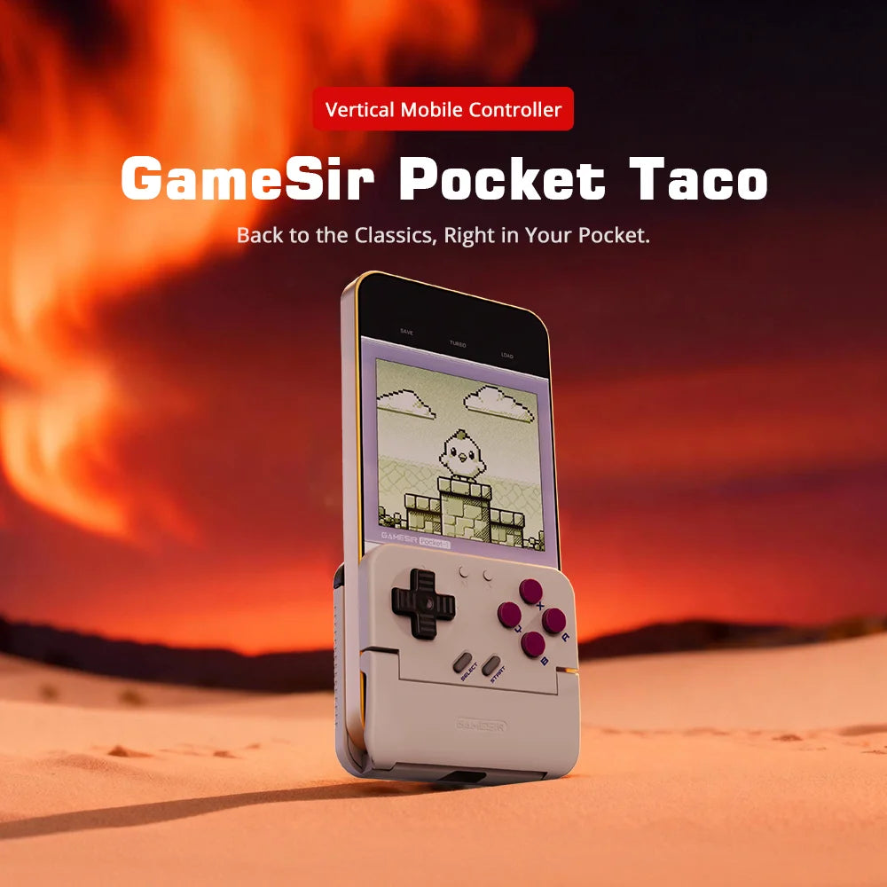 Cream vertical handheld mobile gaming controller with D-pad and purple buttons, phone docked