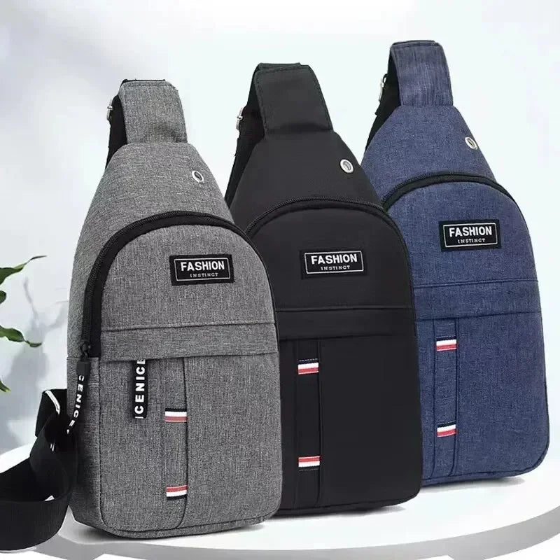 Gray, black, and blue crossbody fanny packs with front logo patches and zip pockets