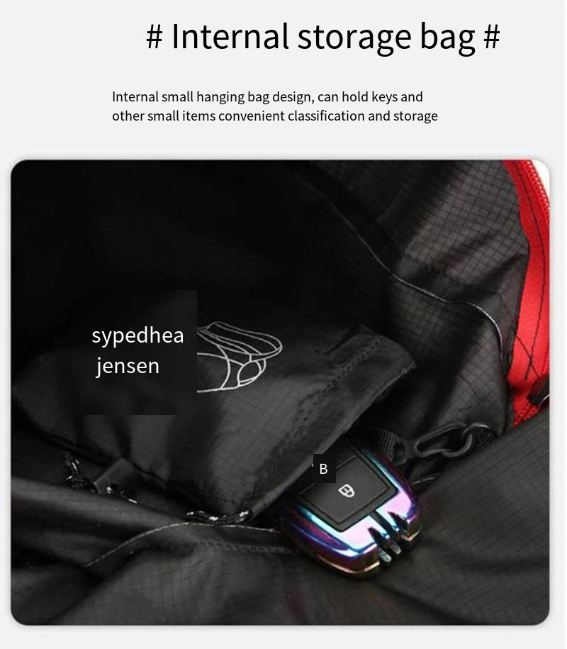 Folding waterproof backpack interior with hanging organizer pouch and zip pocket