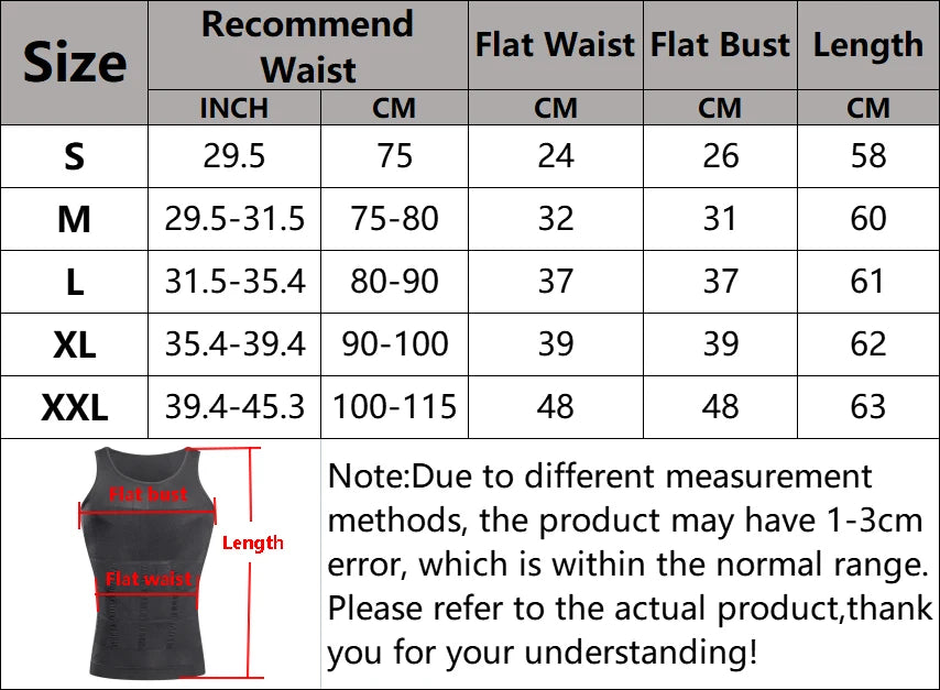CXZD size chart for men's slimming compression vest with size, waist, bust, length