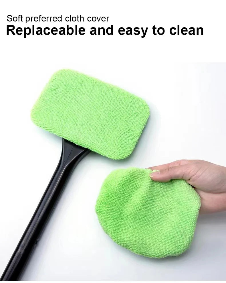Car window cleaning brush head with green microfiber cover and black frame.