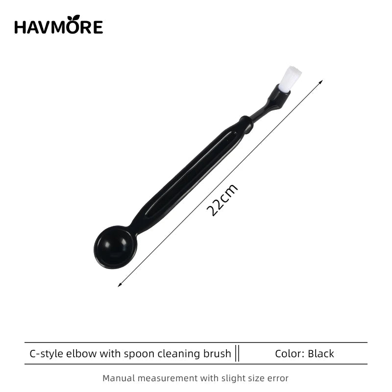 Black elbow coffee cleaning brush with spoon end and white bristles, 22 cm