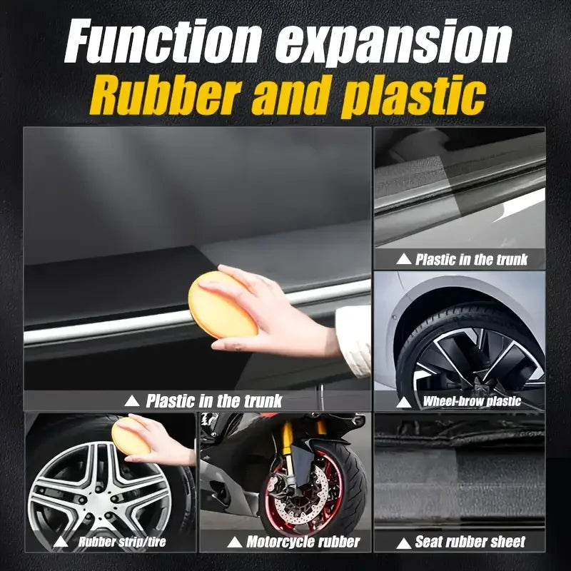 Plastic restorer cream jar with yellow foam applicator pad on automotive plastic surfaces