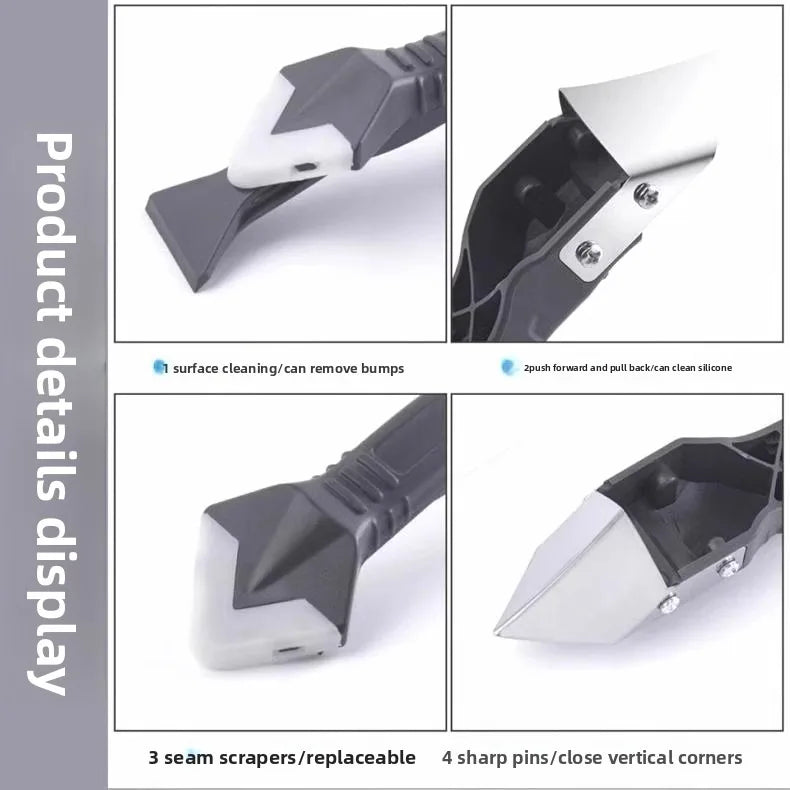 Multifunctional silicone scraper tool with interchangeable seam blades and pointed corner tips