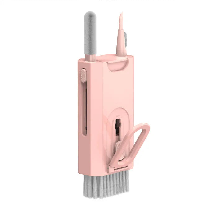 Pink handheld cleaning kit stand with brush and cleaning pen attachments