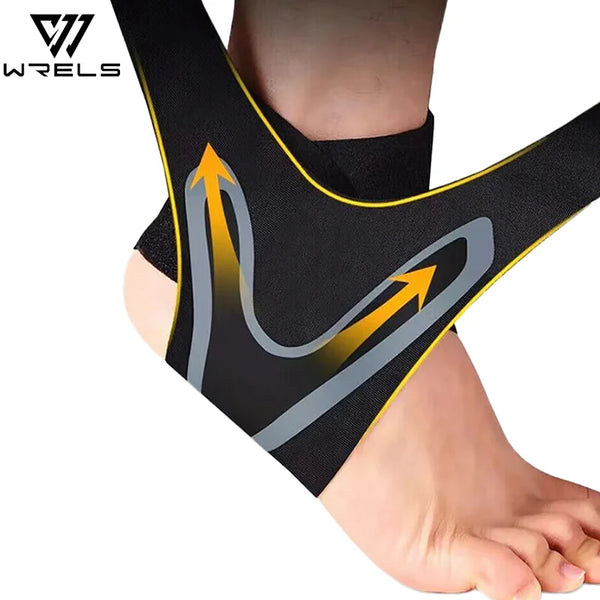 Black ankle compression sleeve with gray logo and yellow trim on foot