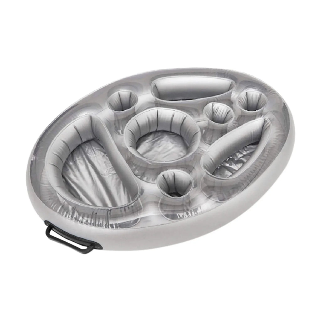 Gray inflatable drink cooler float with molded cup holders and bottle openings