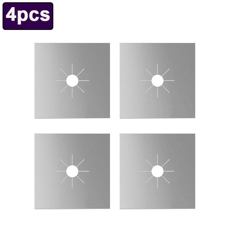 Set of 4 reusable stove protector pads, light gray squares with burner pattern icons
