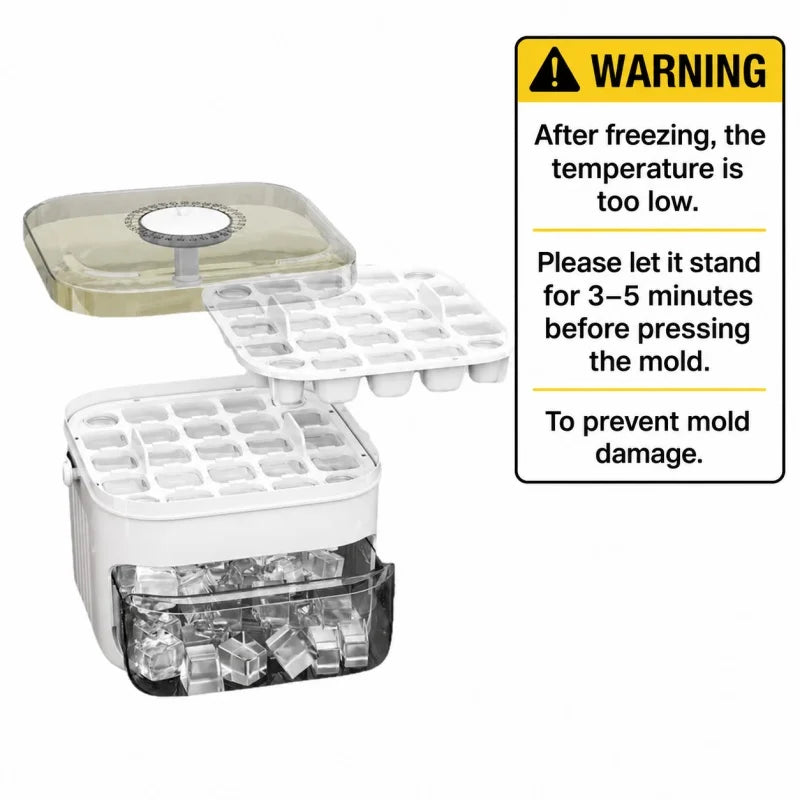 White ice cube machine with open cube molds and clear ice bin, warning label shown.