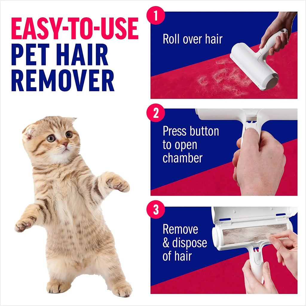 White pet hair remover roller rolling over fabric, with chamber shown open.
