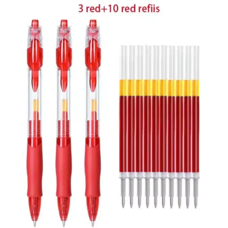 Retractable gel pen set with red pens and red refill cartridges