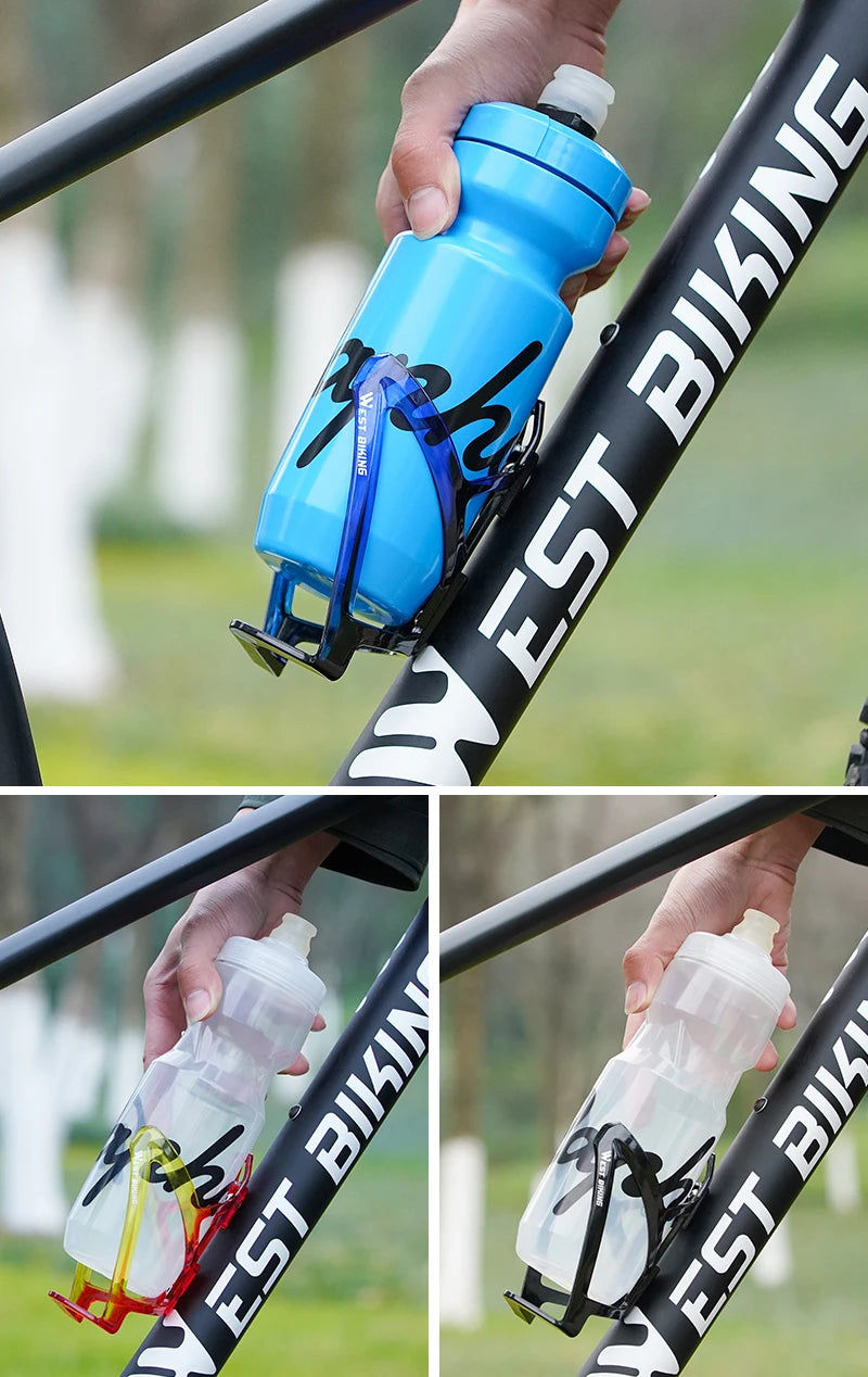 Black bike water bottle cage holding a blue bottle on a bike downtube.