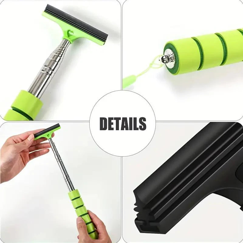 Telescopic rearview mirror cleaning wiper with lime green handle and black rubber blade