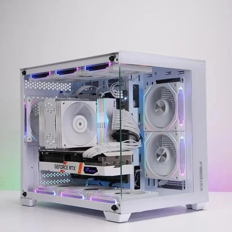 ARGB computer case fan installed inside a desktop PC with multiple white LED fans