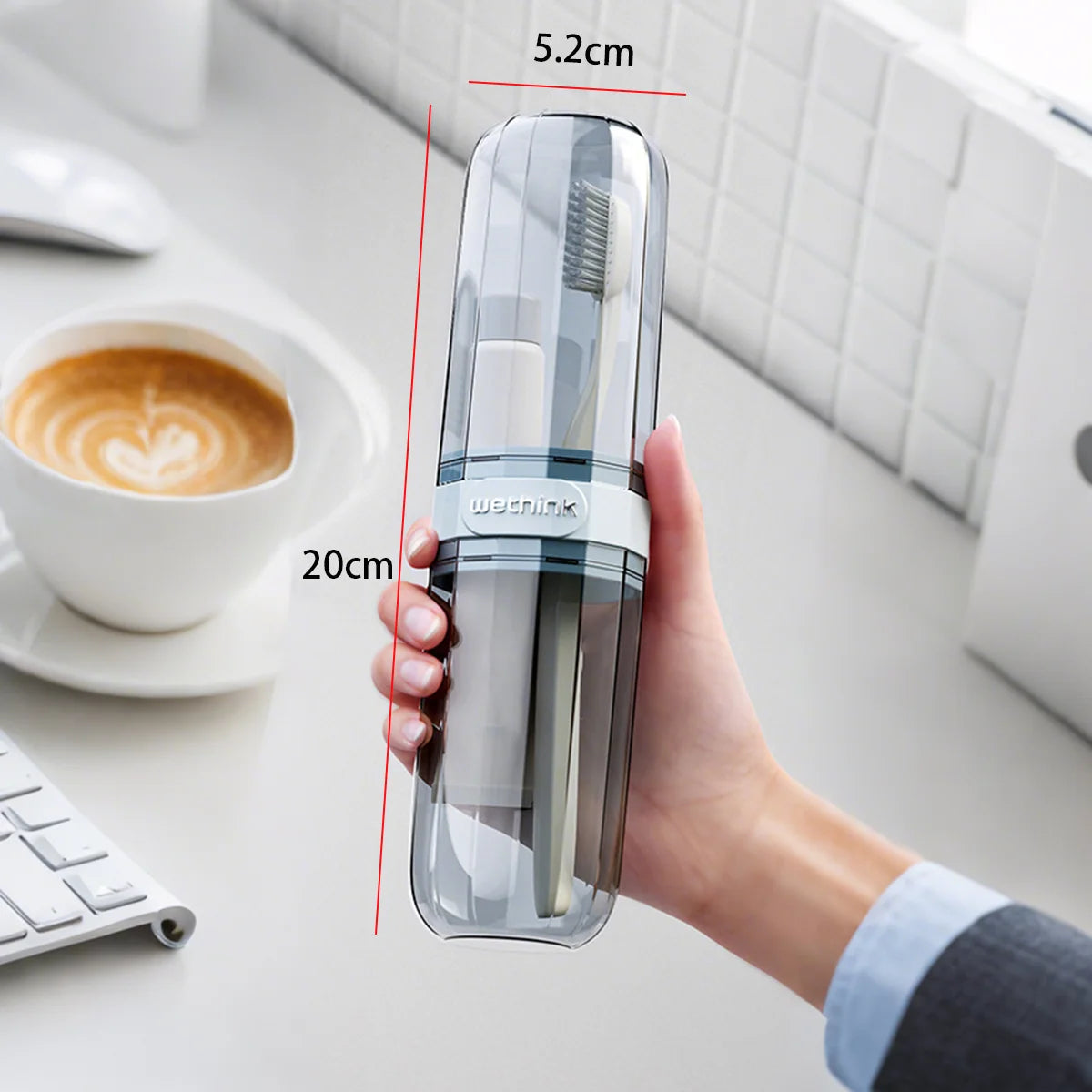 Transparent ribbed toothbrush holder case with size markings (about 20 x 5.2 cm)