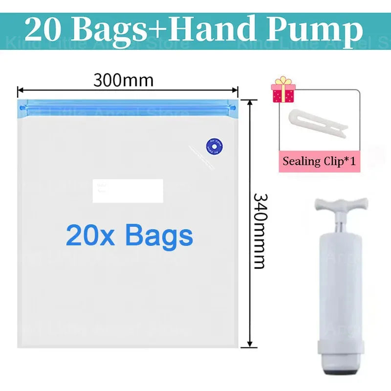 Vacuum filament storage bags, 20-pack, blue zipper, sealing clip and hand pump