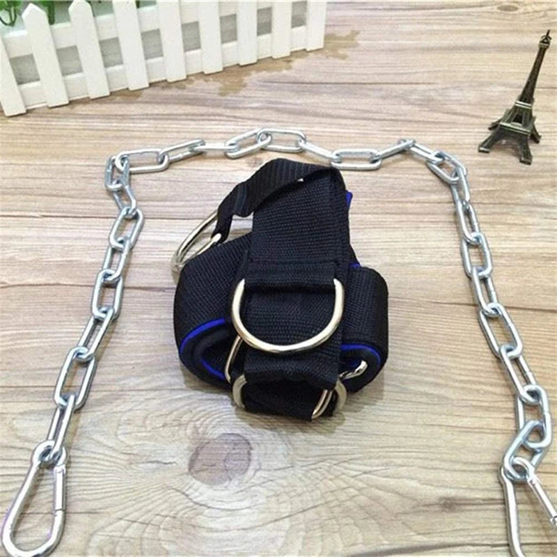 Black neck harness cap with blue trim and steel chain around the base ring