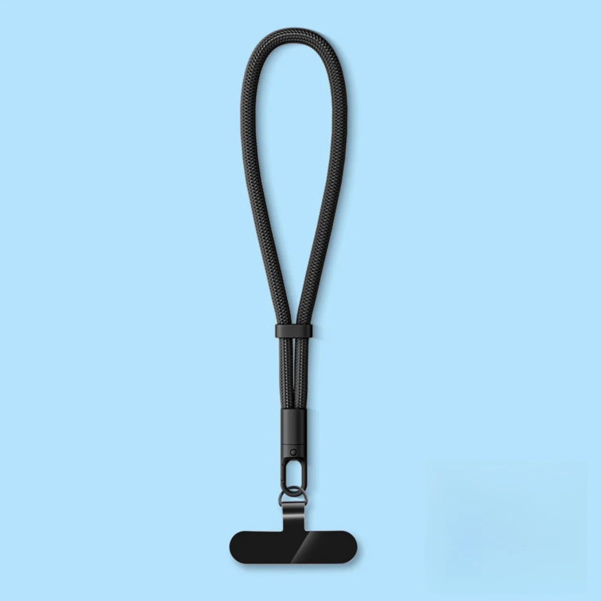 Dark gray adjustable mobile phone lanyard strap with self-locking clip and loop.