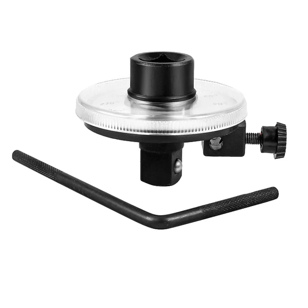 Torque meter dial tool with black housing, socket drive, and side adjustment knob
