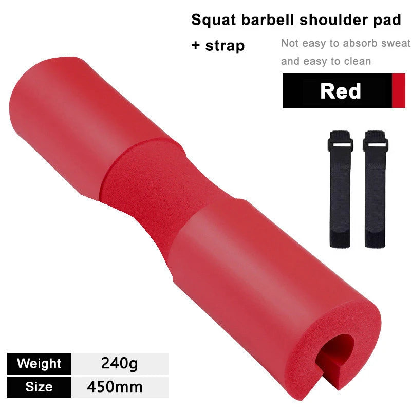 Red barbell squat shoulder pad with foam center and adjustable strap