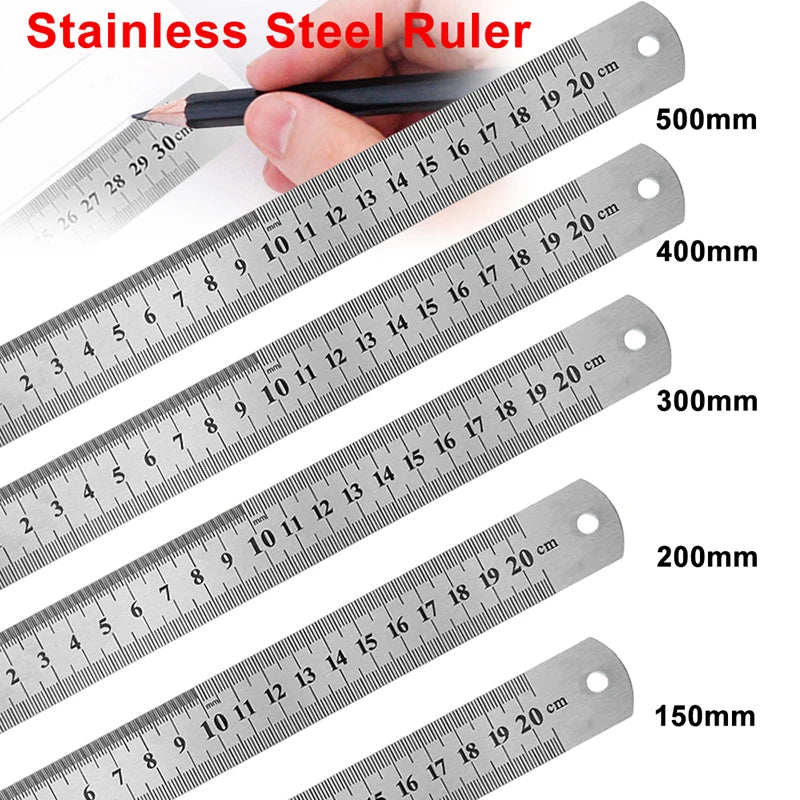 Stainless steel straight ruler set with etched measurement markings and hanging holes