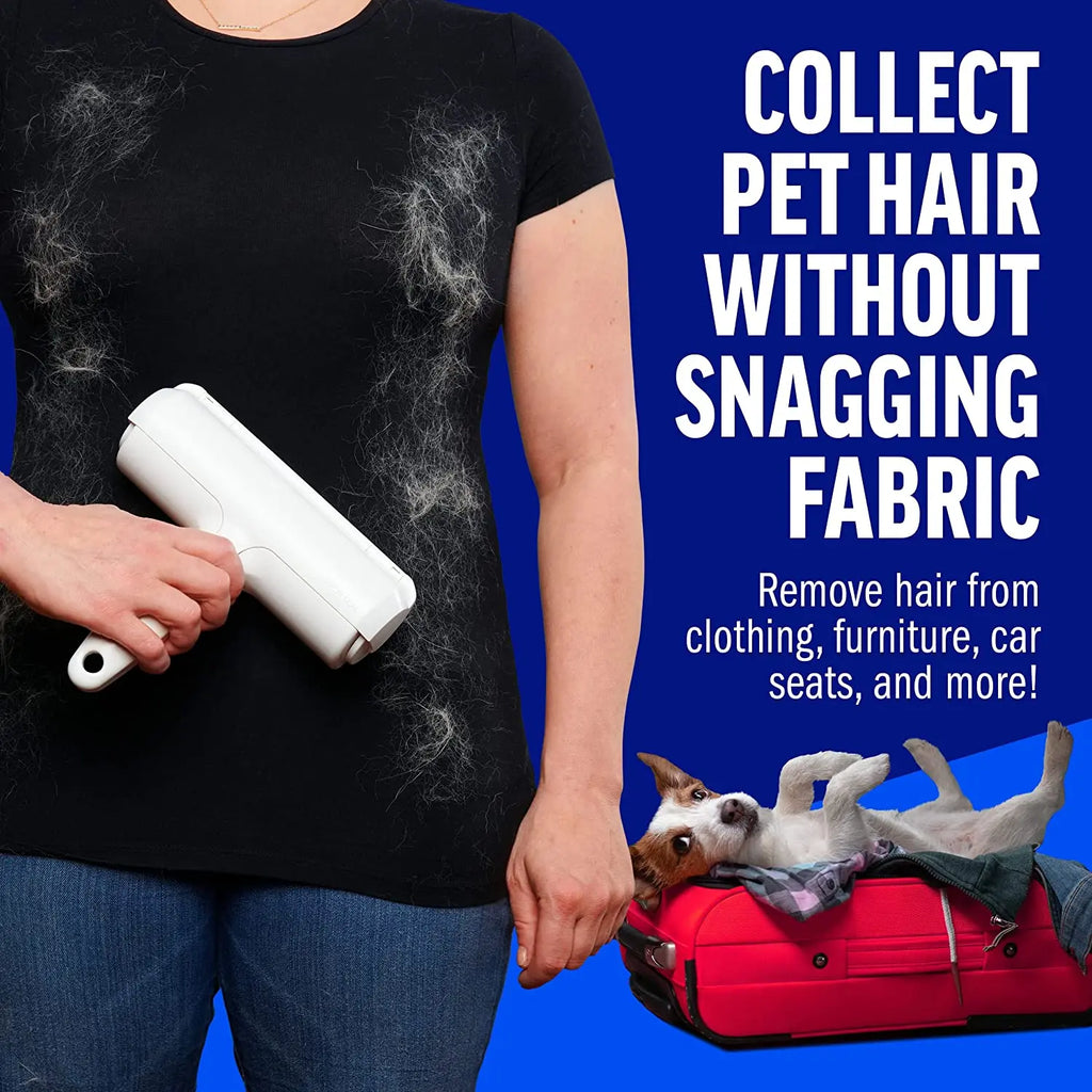 White pet hair remover roller in hand, collecting hair from clothing.