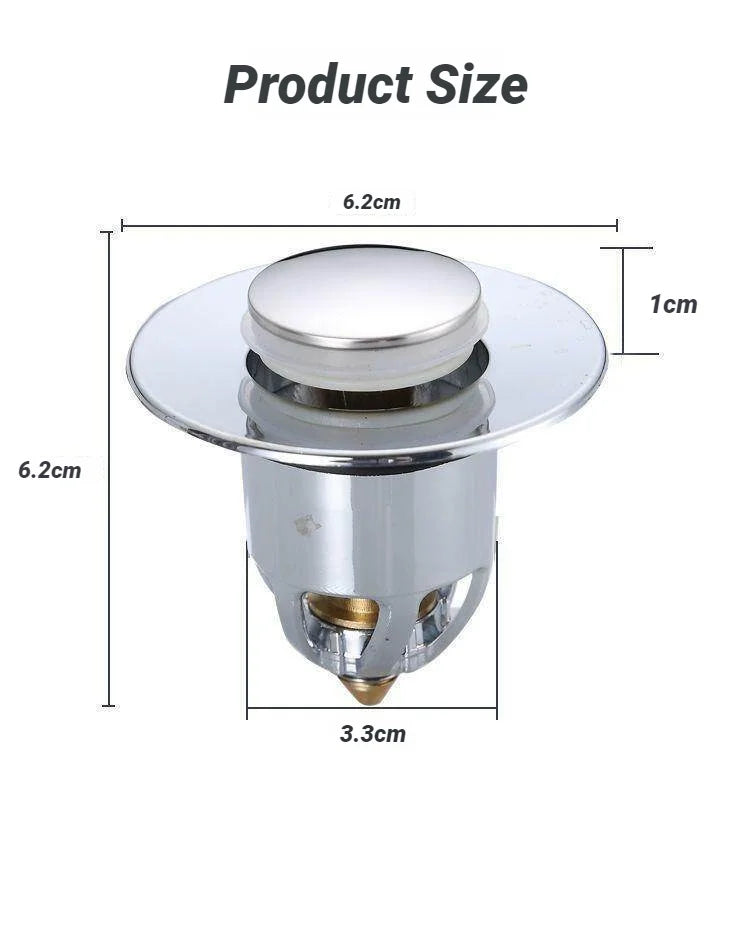 Chrome pop-up drain stopper size diagram with round top and cylindrical body