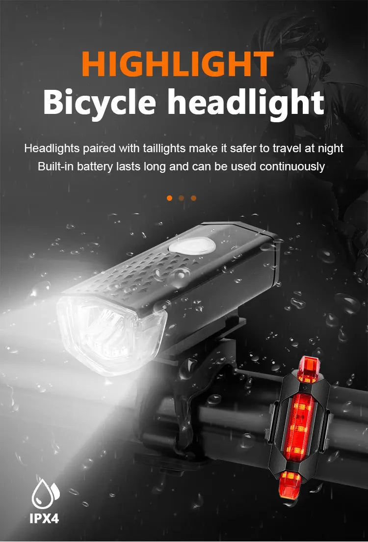 Bicycle headlight with clear lens and red rear light, black body on handlebar mount